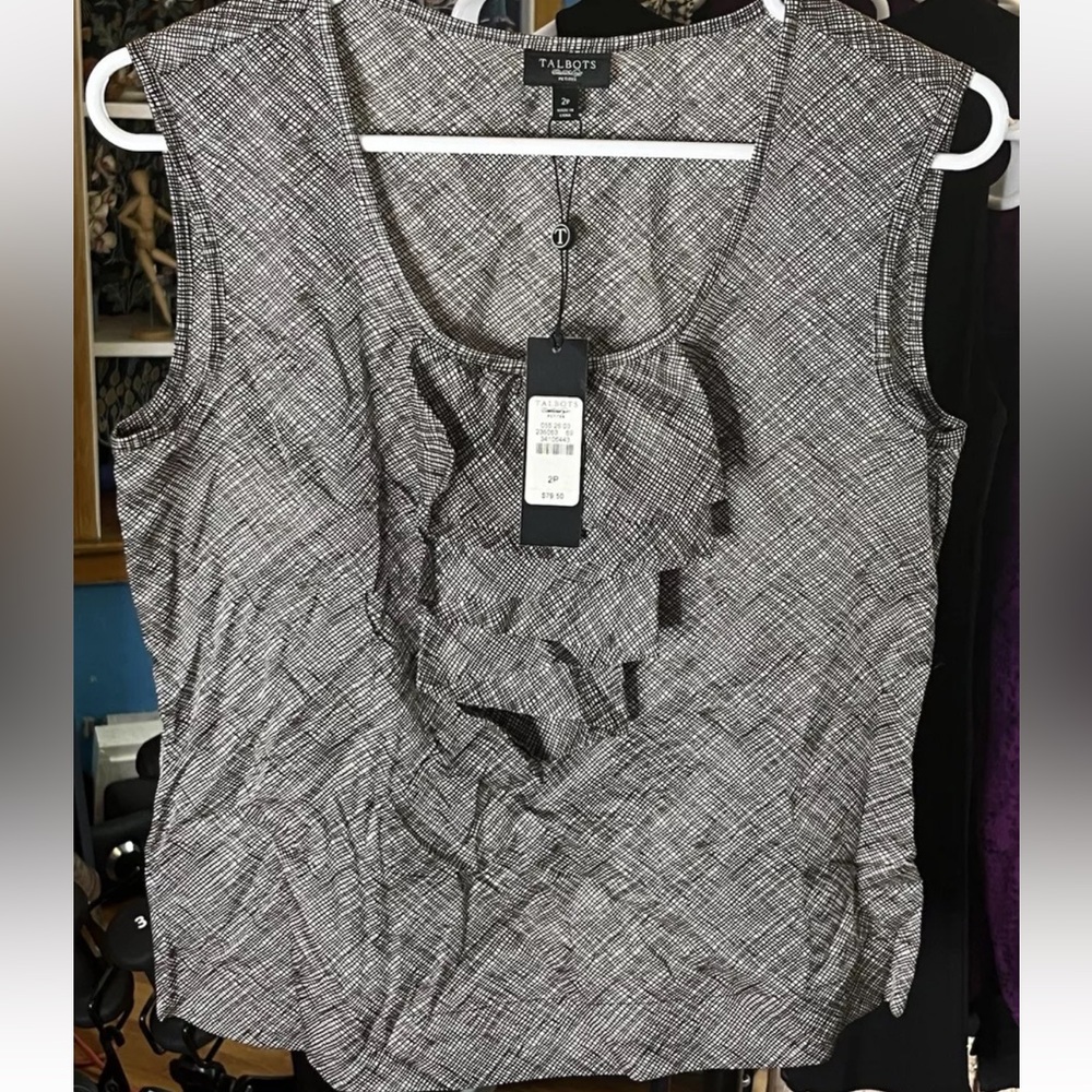 Talbots cotton/silk blend sleeveless shirt blouse herringbone brown 2 petite